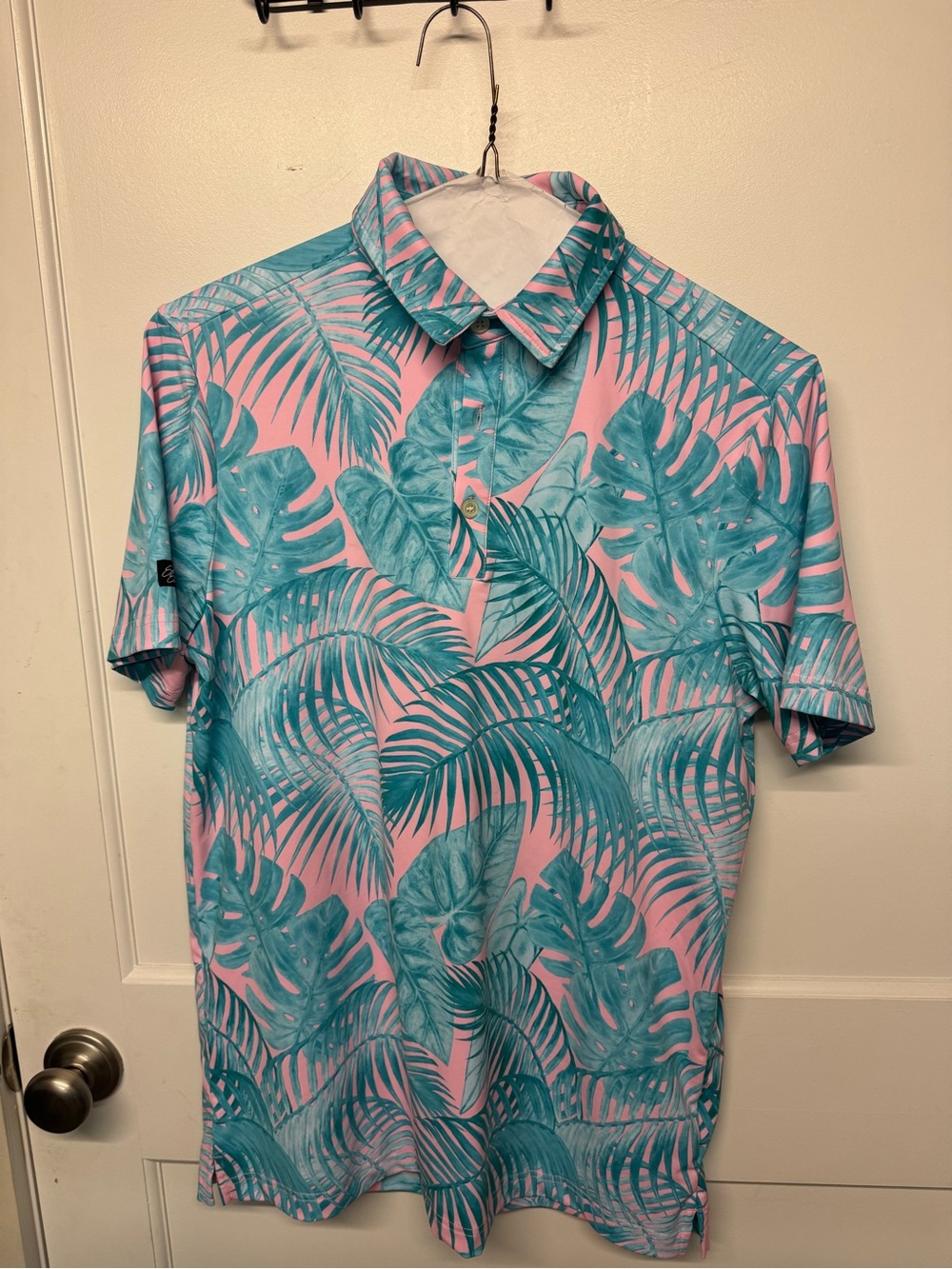 Men's Sunday Swagger Tropical Print Polo Shirt - Pink & Teal